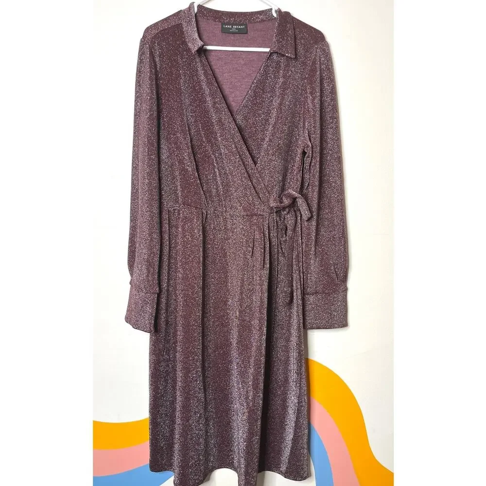 Lane Bryant Faux Wrap Sparkly Midi Dress 14/16 Glam Long Sleeve Purple Glitter - Picture 1 of 6